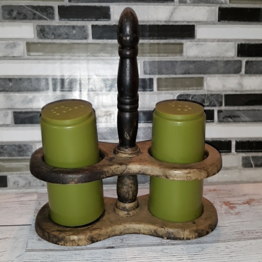 Vintage 1970s wooden frame green salt and pepper